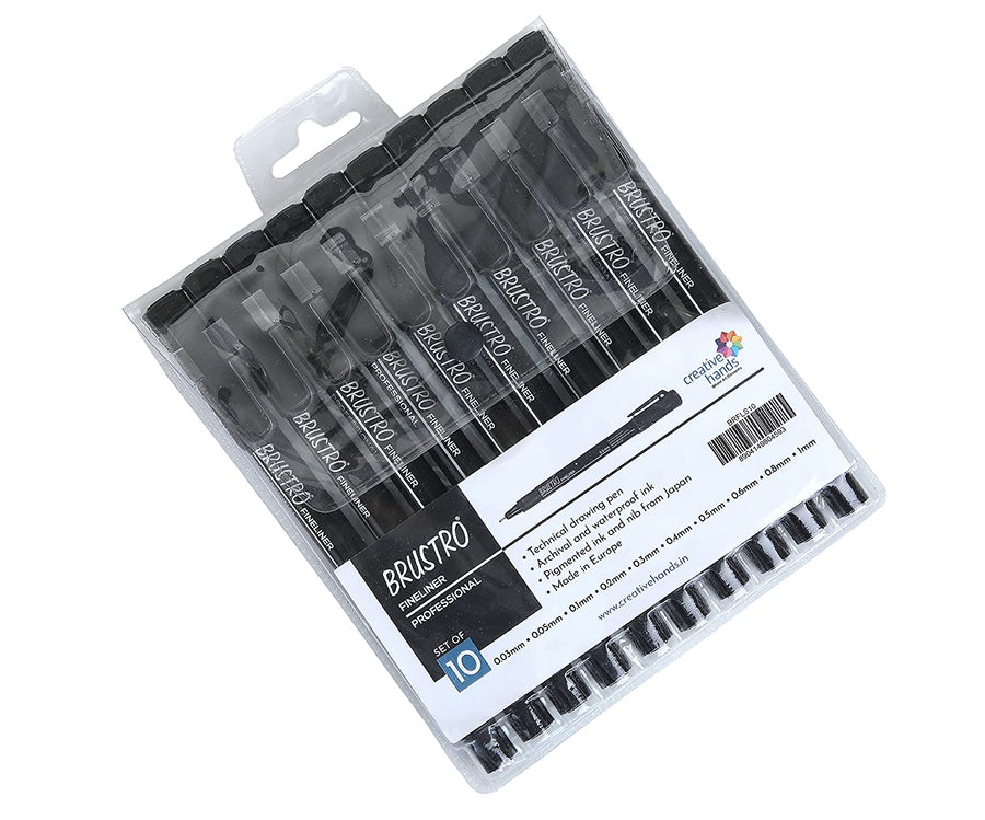 Brustro Professional Pigment Based Fineliner - Set of 10 (Black) | Reliance Fine Art |Illustration Pens & Brush Pens