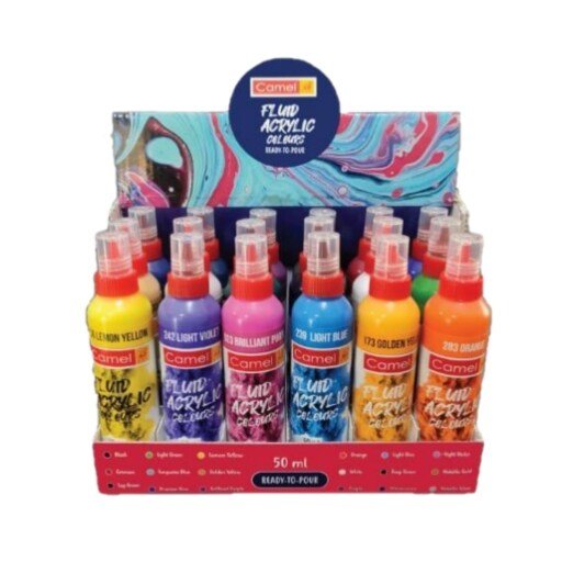 Camel Fluid Acrylic Colours Set of 18 Shades | Reliance Fine Art |Acrylic Paint SetsPaint SetsResin and Pouring Mediums & Sets