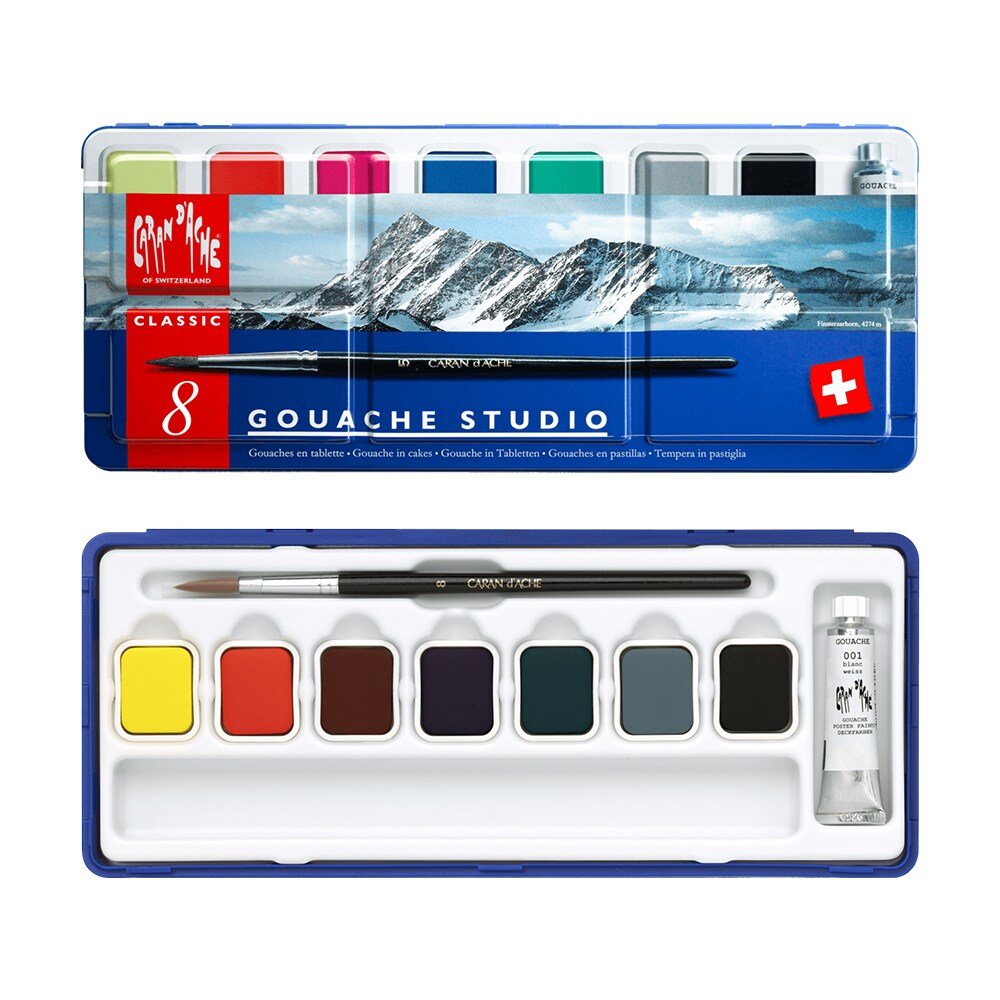CaranD`ache Studio Gouache Cakes Set of 8 + Brush (1000.308) | Reliance Fine Art |Gouache Paint SetsGouache PaintsPaint Sets