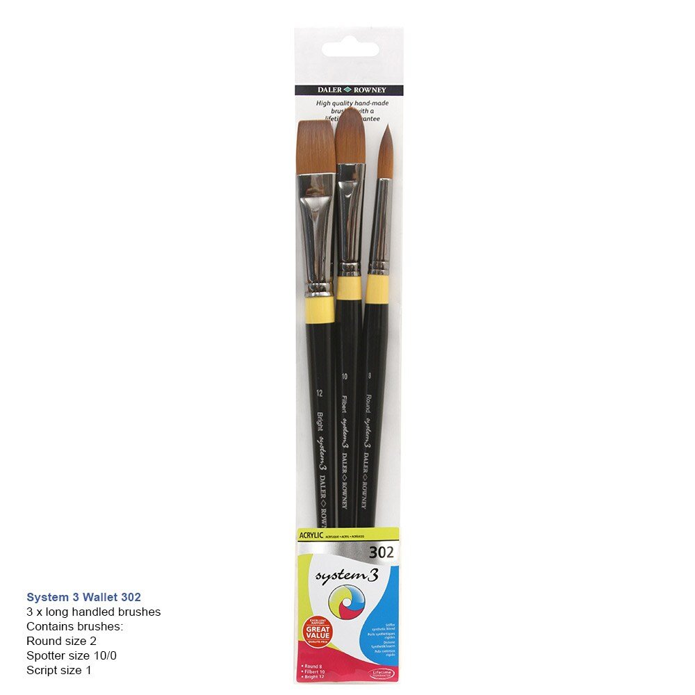 Daler & Rowney System3 Acrylic Brush Wallet LH Set of 3 (302) | Reliance Fine Art |Acrylic Paint BrushesBrush SetsDaler Rowney System3 Brushes
