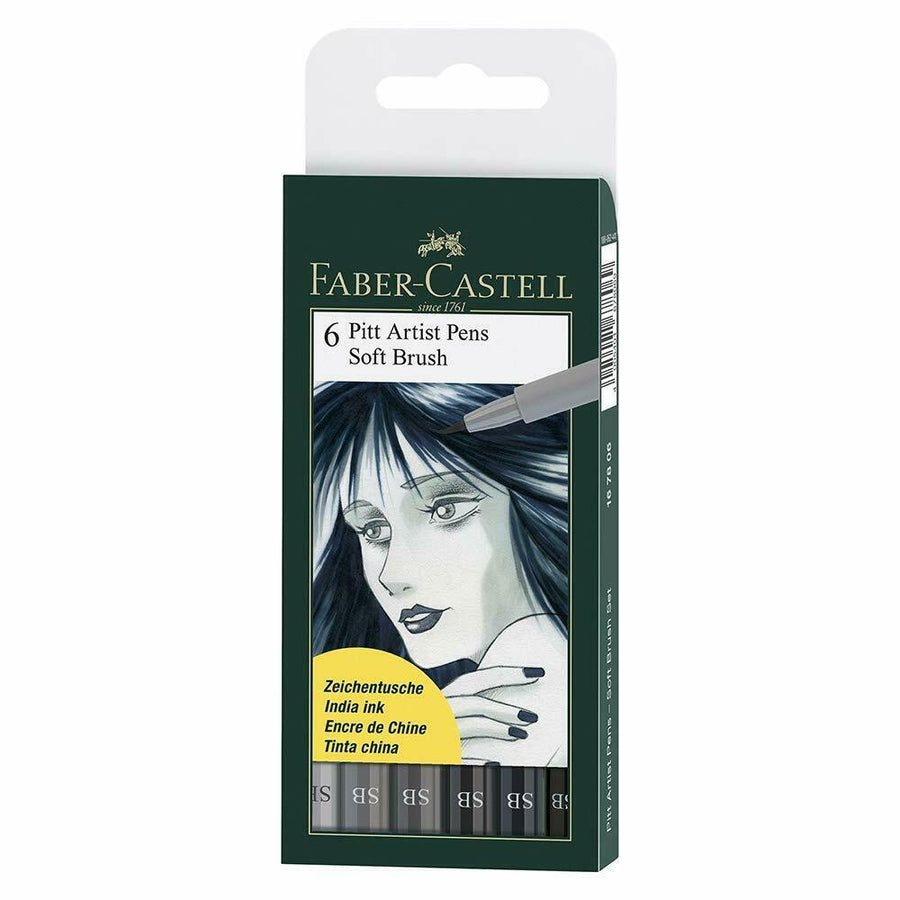 Faber Castell Pitt Artist Pens Soft Brush Set of 6 - Grey Scale | Reliance Fine Art |Illustration Pens & Brush Pens