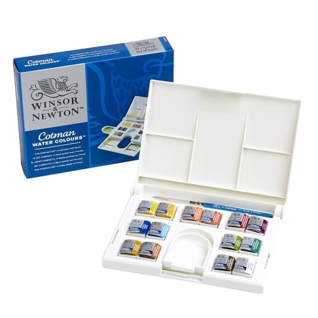 WINSOR & NEWTON COTMAN WATER COLOUR COMPACT SET OF 14 PANS WITH BRUSH (390083) | Reliance Fine Art |Paint SetsWatercolor PaintWatercolor Paint Sets