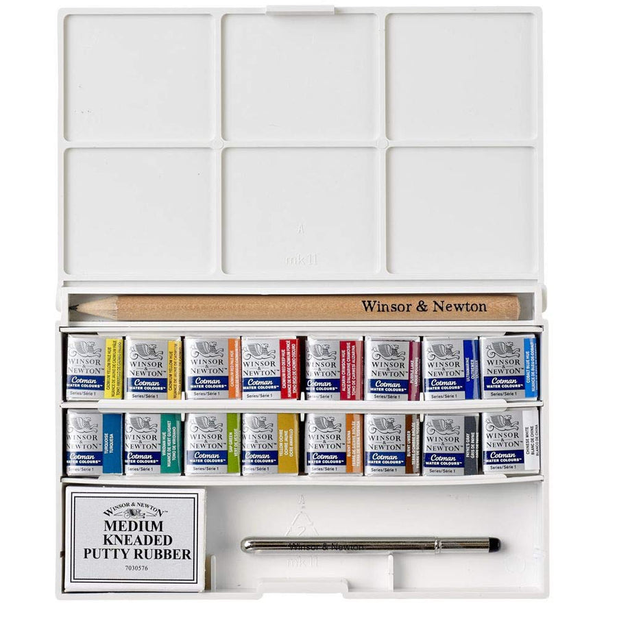 WINSOR & NEWTON COTMAN WATER COLOUR DELUXE SKETCHERS’ POCKET BOX – 16 HALF PANS (0390060) | Reliance Fine Art |Paint SetsWatercolor PaintWatercolor Paint Sets